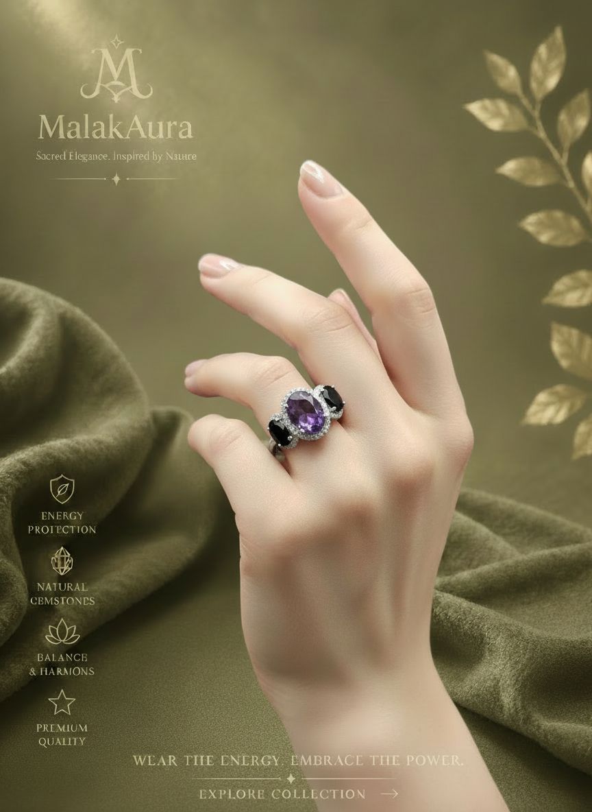 Natural Black Tourmaline & Amethyst Sterling Silver Ring Natural Black Tourmaline & Amethyst Sterling Silver Ring
