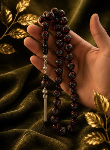 Kuk Rosary Beads with 925 Silver Inlay – Honeycomb Carving & Red Coral Accents