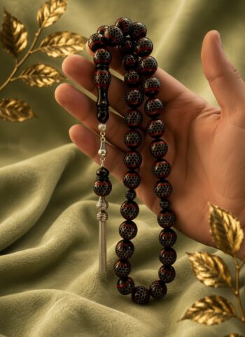 Kuk Rosary Beads with 925 Silver Inlay – Honeycomb Carving & Red Coral Accents